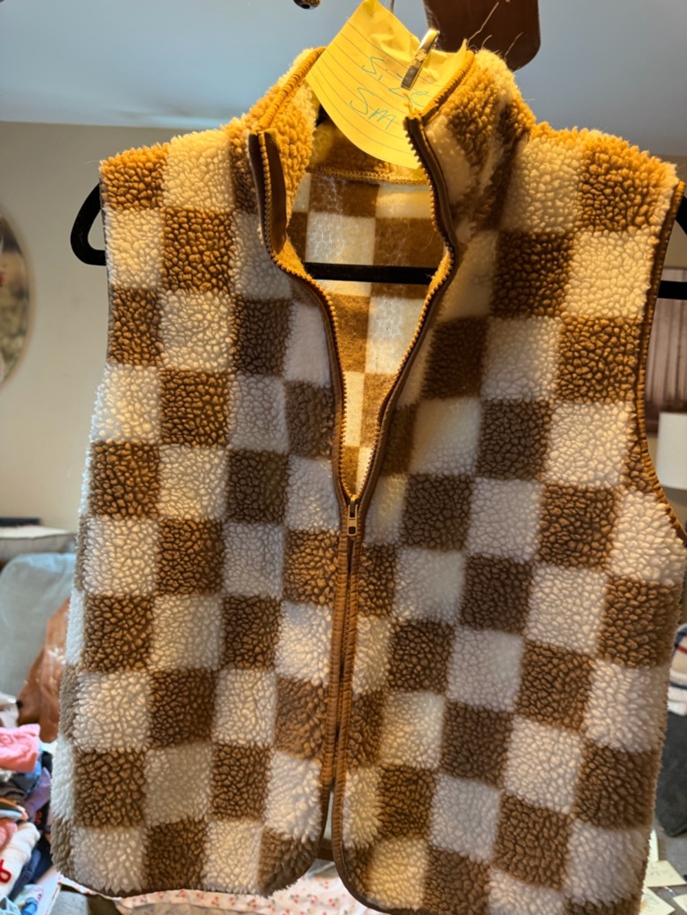 SHEIN Brown and Cream Checkered Sherpa Vest